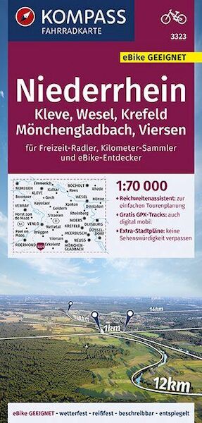 KOMPASS Fahrradkarte Niederrhein, Kleve, Wesel, Krefeld, Mönchengladbach, Viersen 1:70.000, FK 3323 - (ISBN 9783990446713)